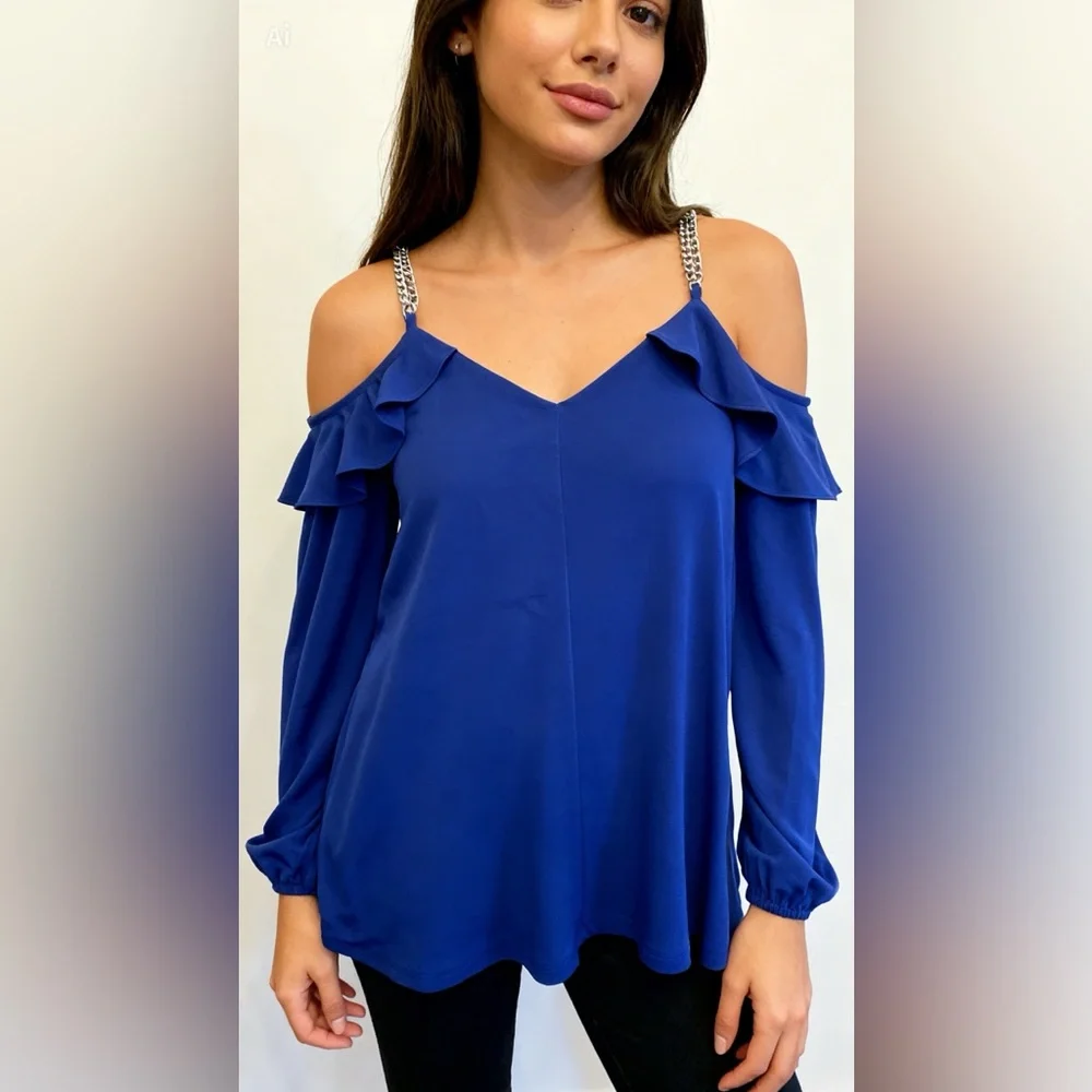 Michael Michael Kors royal blue long sleeve cold shoulder blouse - Picture 2 of 7